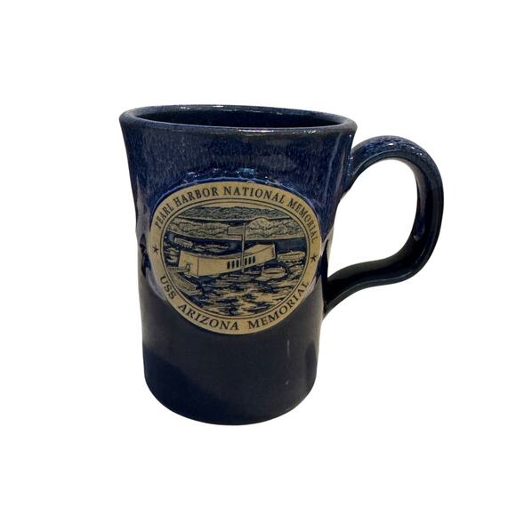 Deneen Pottery Mug Pearl Harbor National Memorial USS Arizona Blue Drip Glaze - Picture 1 of 7